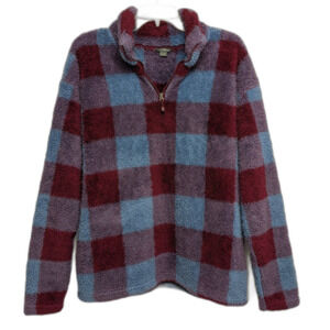 Eddie Bauer Pullover Jacket Women's Lg Red Blue Sherpa Fleece 1/4 Zip Mock Neck
